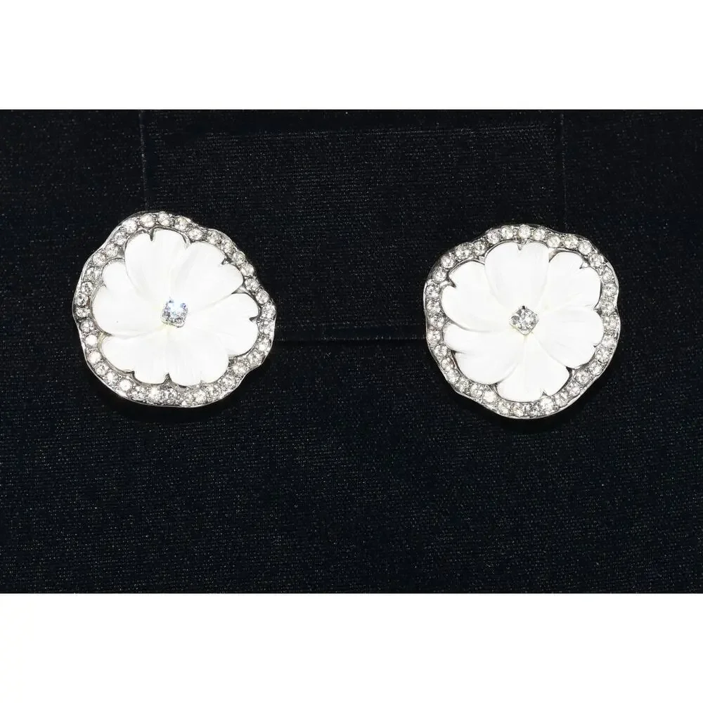 KENNETH JAY LANE Vintage Flower and Rhinestones Crystal Clip Earrings - Picture 2 of 8